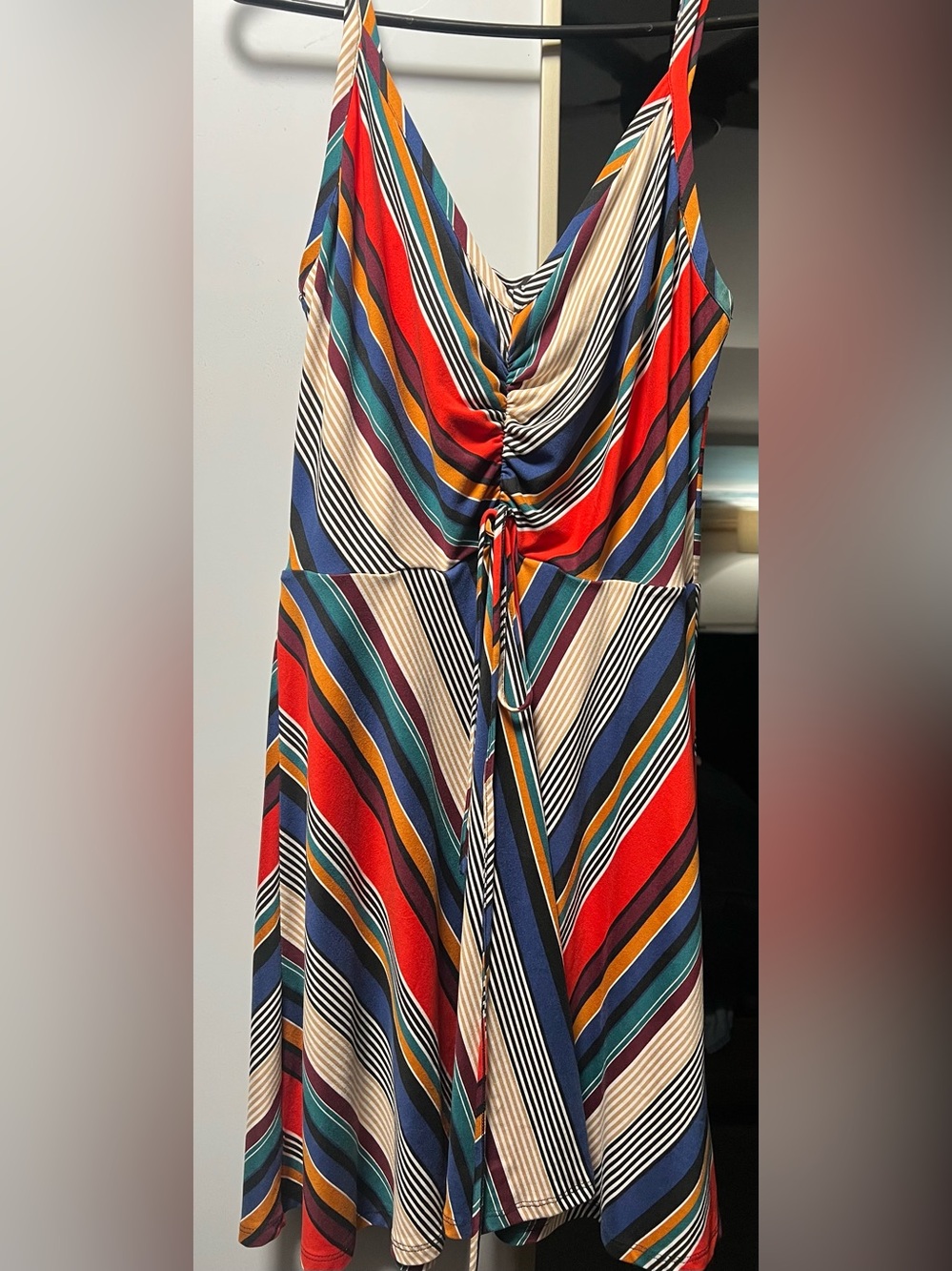 VENUS Multi-Stripe V-Neck Midi Dress in Black, Blue, Green, Red, Gold - Picture 7 of 7